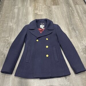 J CREW Stadium Cloth NELLO GORI Coat Gold Button Jacket Wool Blend Peacoat Cinch